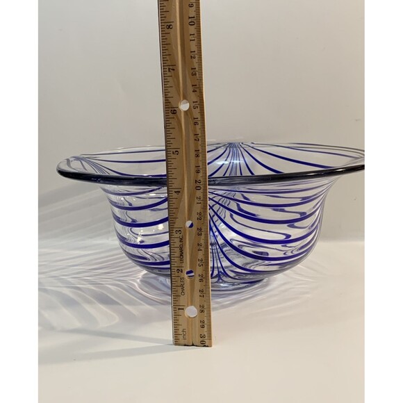 Clear Art Glass Bowl Blue Pulled Ribbon Swirls MCM Handmade Pontil Base Marked M - Picture 12 of 12
